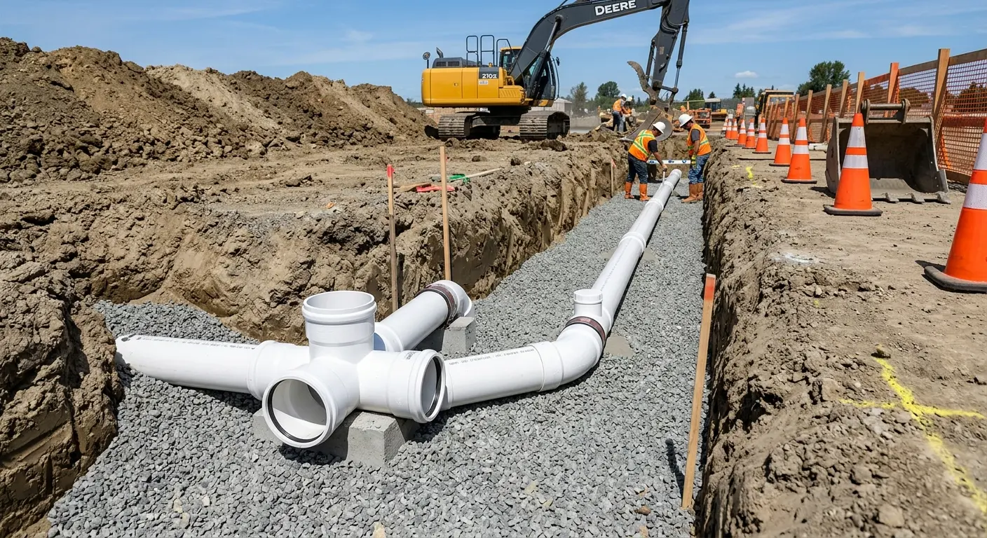 New PVC sewer pipe installation in open trench for Commercial Drain Cleaning in Murray