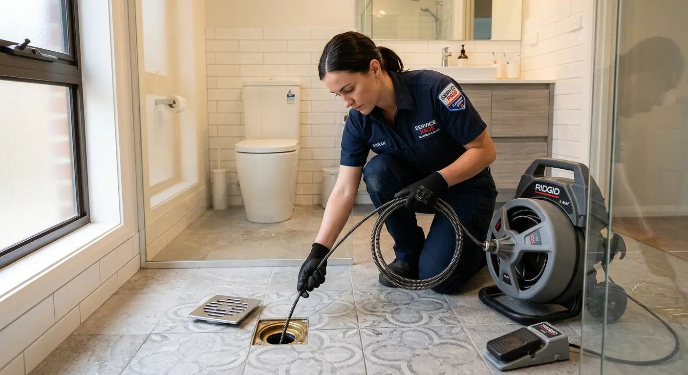 Technician clearing a bathroom floor drain for Hydro Jetting in Murray